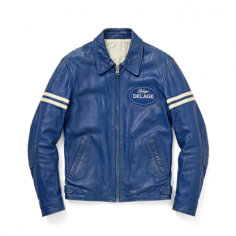 Delage Leather Jacket front view — french racing blue jacket with chest embroidery