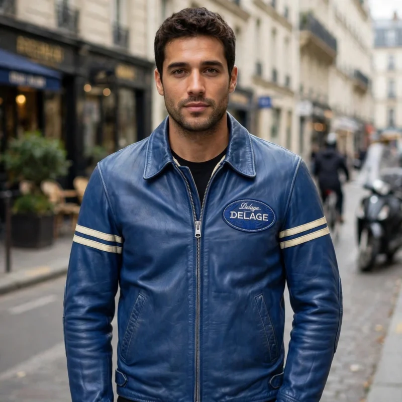 Delage Leather Jacket model view — front-facing model wearing the french racing blue jacket with chest embroidery