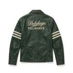 Delahaye Leather Jacket back view — deep forest green jacket with back embroidery
