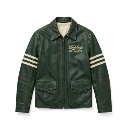 Delahaye Leather Jacket front view — deep forest green jacket with chest embroidery
