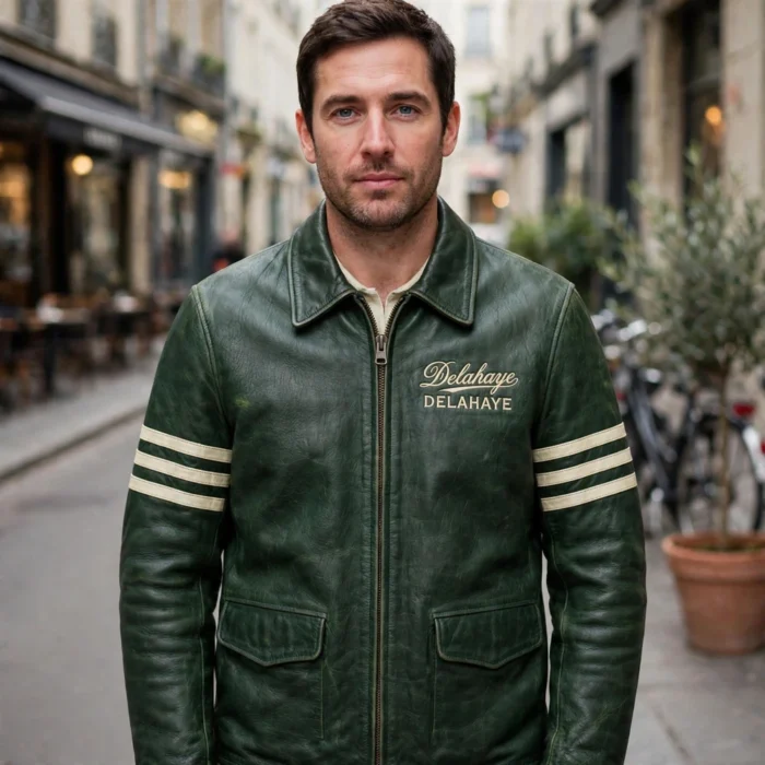 Delahaye Leather Jacket model view — front-facing model wearing the deep forest green jacket with chest embroidery
