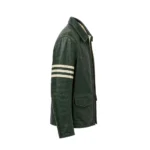 Delahaye Leather Jacket side view — deep forest green jacket with sleeve embroidery