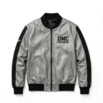 DeLorean Leather Jacket front view, brushed silver-grey with black trim bomber jacket