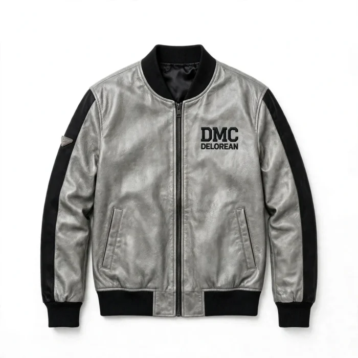 DeLorean Leather Jacket front view, brushed silver-grey with black trim bomber jacket