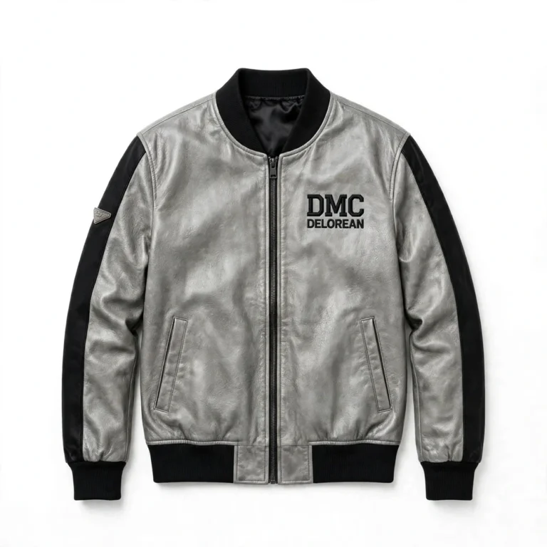 DeLorean Leather Jacket front view, brushed silver-grey with black trim bomber jacket