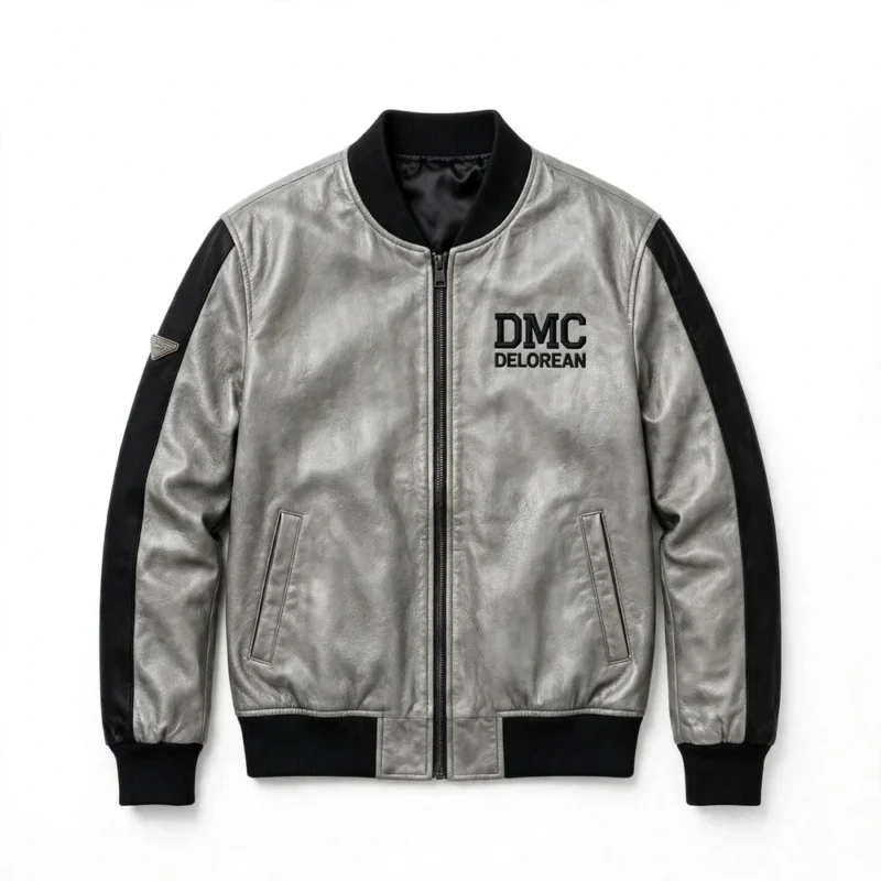 DeLorean Leather Jacket front view, brushed silver-grey with black trim bomber jacket