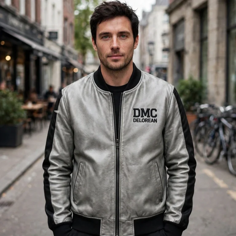 Model wearing the DeLorean Leather Jacket, brushed silver-grey with black trim bomber jacket