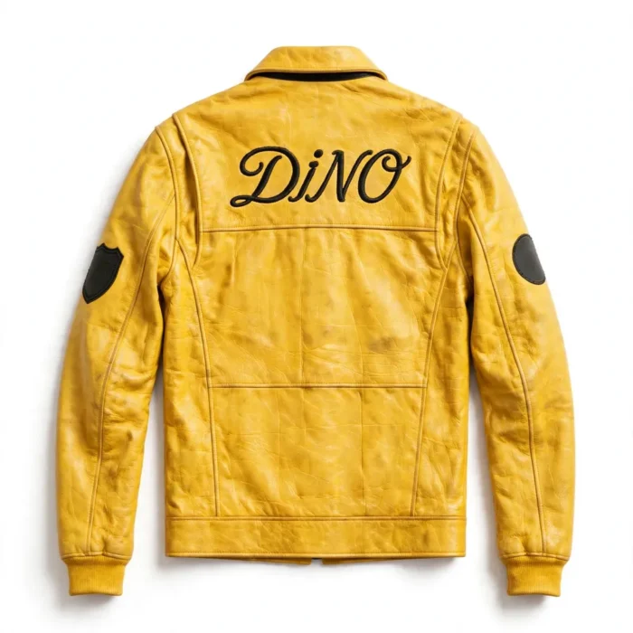 Dino Leather Jacket back view — yellow with black sixties gt racer jacket with back embroidery and sponsor-style patches