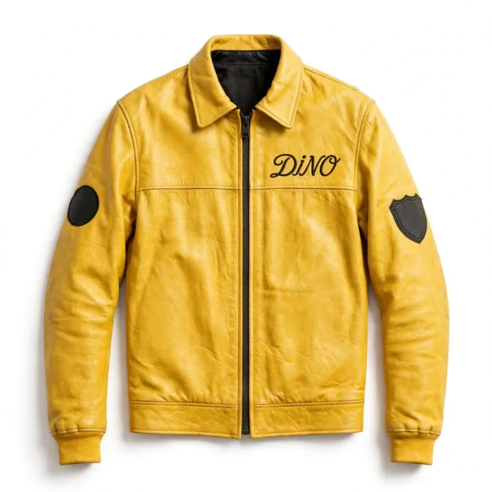 Dino Leather Jacket front view — yellow with black sixties gt racer jacket with chest embroidery and sponsor-style patches