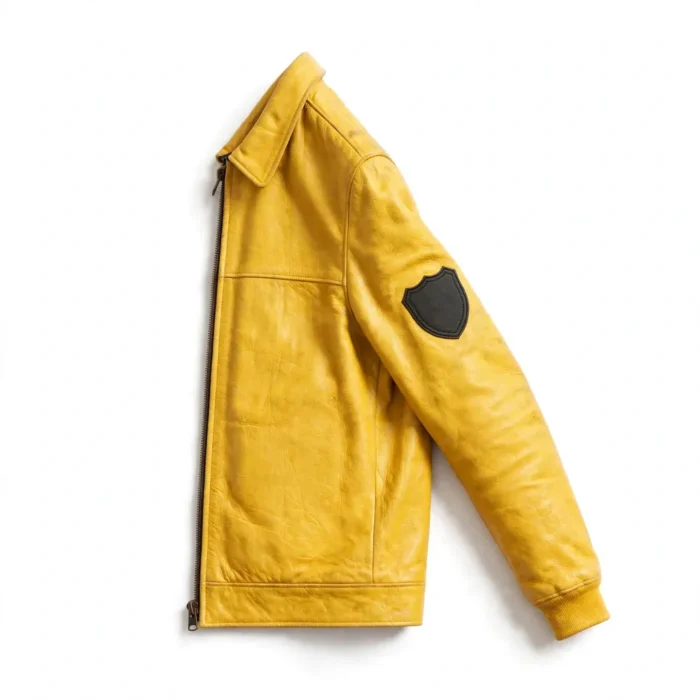 Dino Leather Jacket side view — yellow with black sixties gt racer jacket with sleeve embroidery