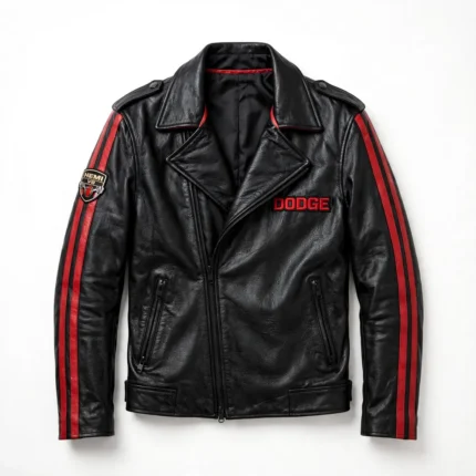 Dodge Leather Jacket front view, black with red racing stripes biker jacket