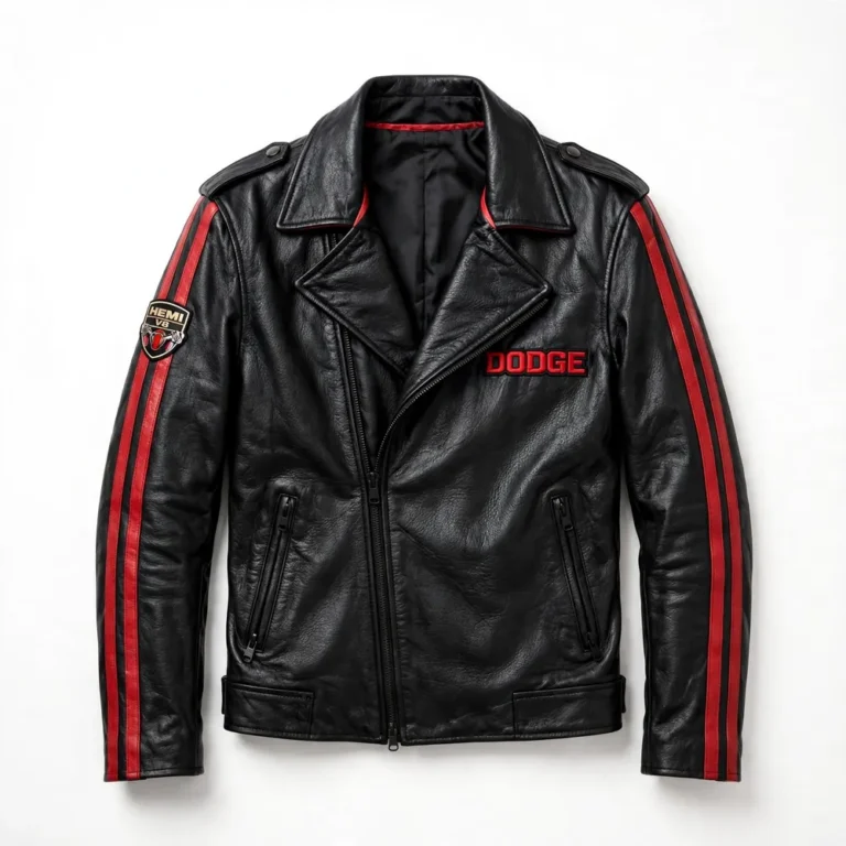 Dodge Leather Jacket front view, black with red racing stripes biker jacket