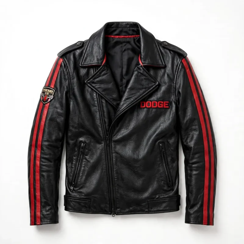 Dodge Leather Jacket front view, black with red racing stripes biker jacket