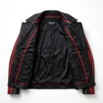 Dodge Leather Jacket inner lining view, red-trimmed black satin lining