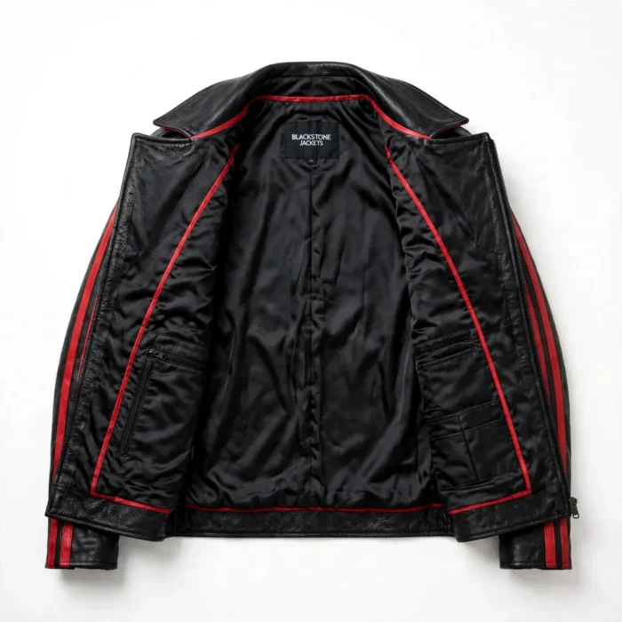Dodge Leather Jacket inner lining view, red-trimmed black satin lining