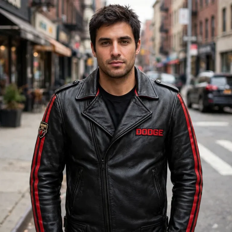 Model wearing the Dodge Leather Jacket, black with red racing stripes biker jacket
