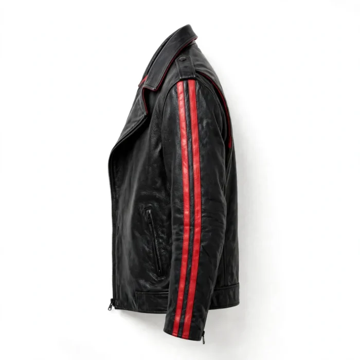 Dodge Leather Jacket side view, black with red racing stripes biker jacket