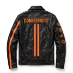 Donkervoort Leather Jacket back view, black with orange accents racer jacket