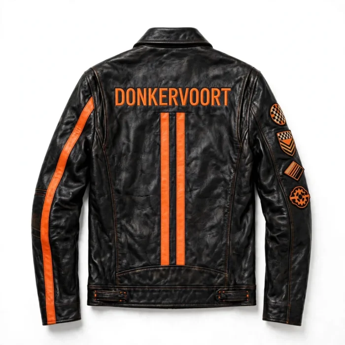 Donkervoort Leather Jacket back view, black with orange accents racer jacket