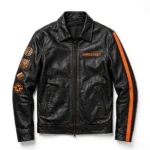 Donkervoort Leather Jacket front view, black with orange accents racer jacket