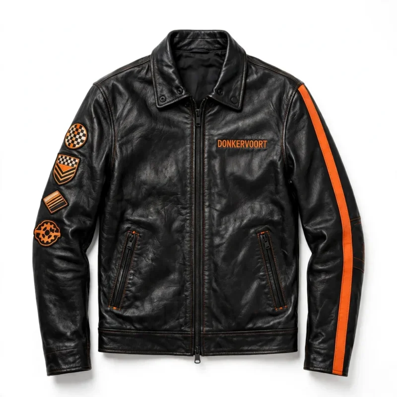 Donkervoort Leather Jacket front view, black with orange accents racer jacket
