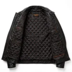 Donkervoort Leather Jacket inner lining view, quilted black satin lining with orange stitching