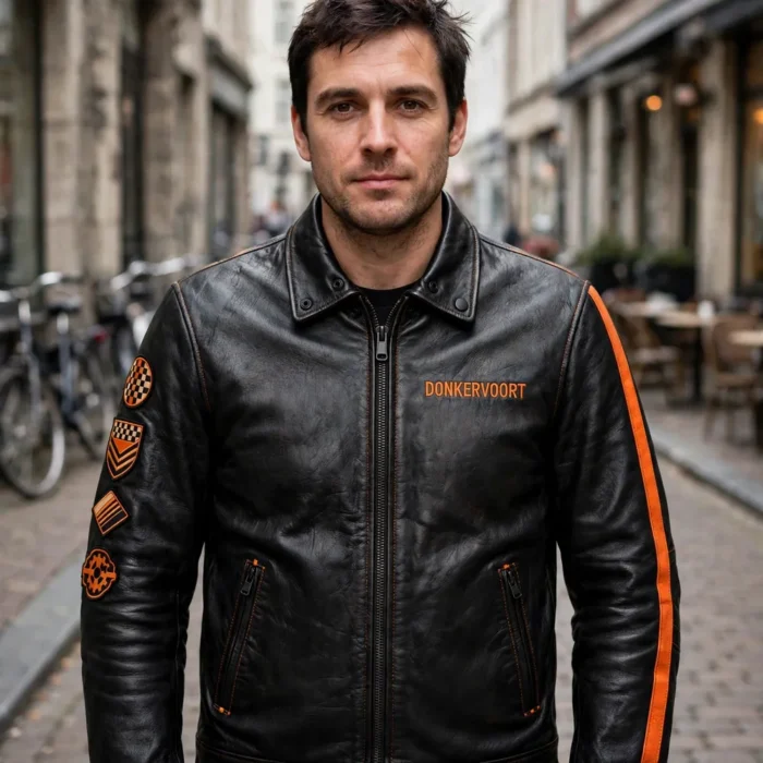 Model wearing the Donkervoort Leather Jacket, black with orange accents racer jacket