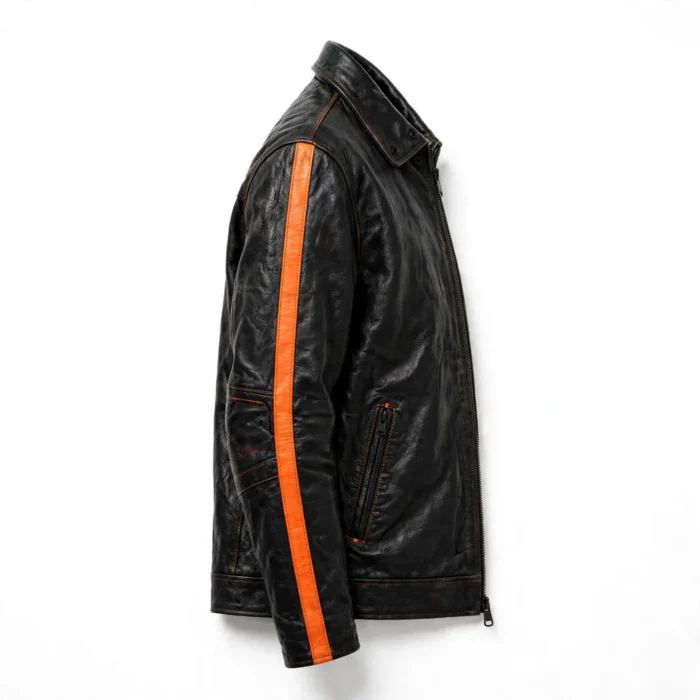 Donkervoort Leather Jacket side view, black with orange accents racer jacket