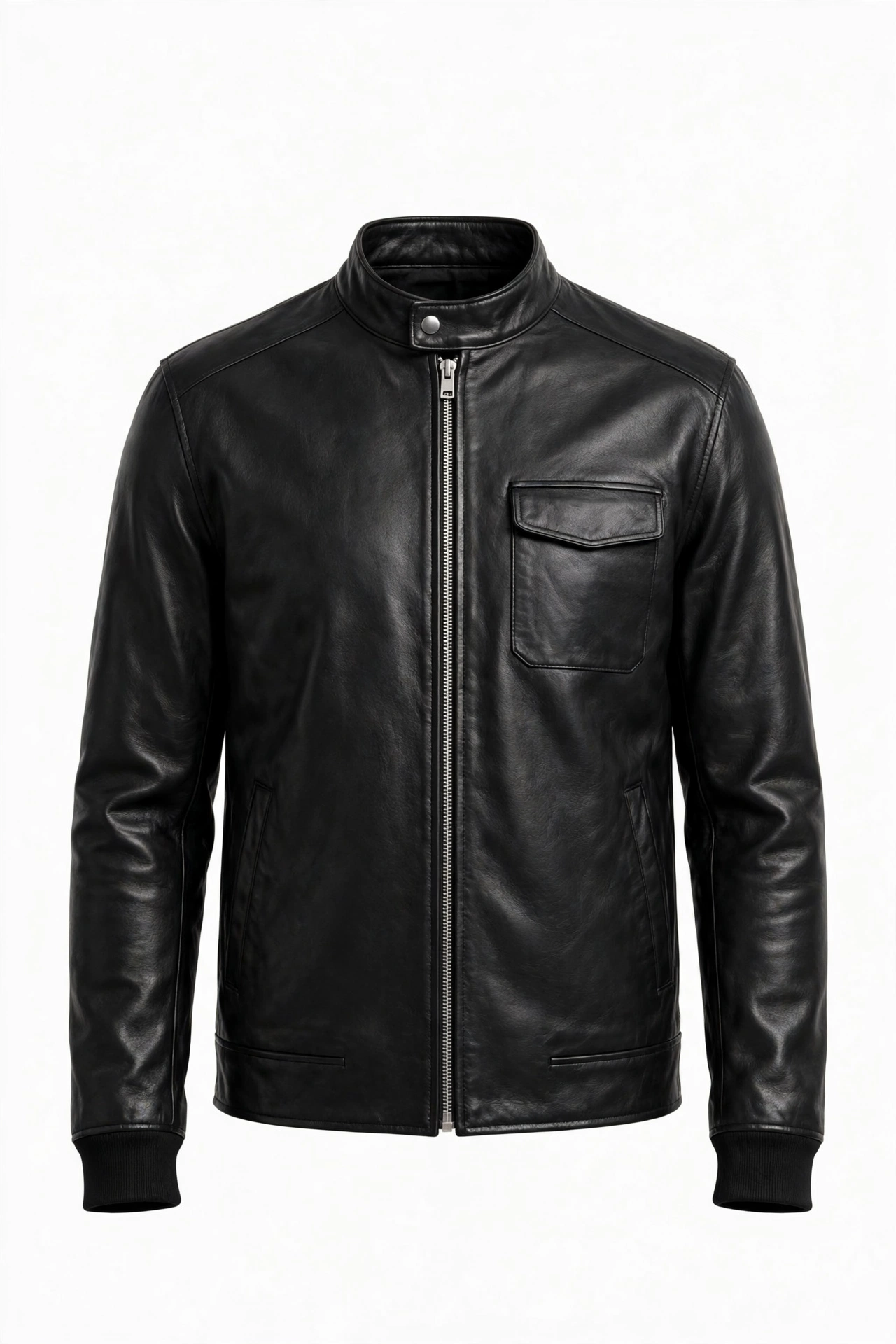 Black leather cafe racer jacket with stand-up band collar and central zip