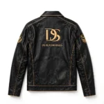 DS Automobiles Leather Jacket back view — black with gold trim jacket with back embroidery