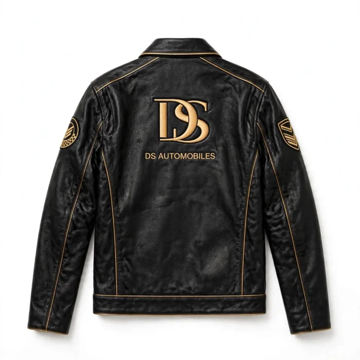 DS Automobiles Leather Jacket back view — black with gold trim jacket with back embroidery