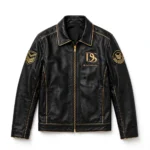 DS Automobiles Leather Jacket front view — black with gold trim jacket with chest embroidery and sponsor-style patches