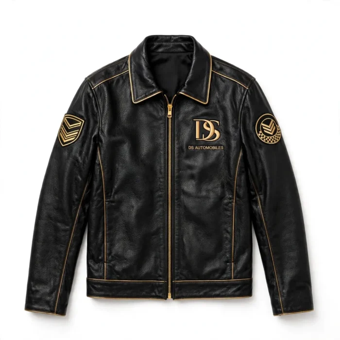 DS Automobiles Leather Jacket front view — black with gold trim jacket with chest embroidery and sponsor-style patches