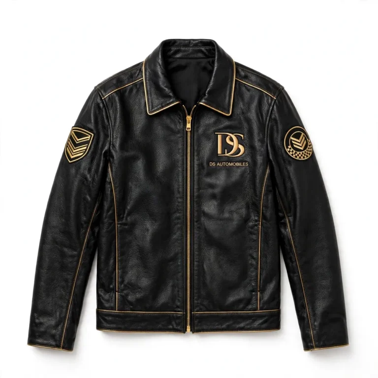 DS Automobiles Leather Jacket front view — black with gold trim jacket with chest embroidery and sponsor-style patches
