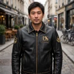 DS Automobiles Leather Jacket model view — front-facing model wearing the black with gold trim jacket with chest embroidery