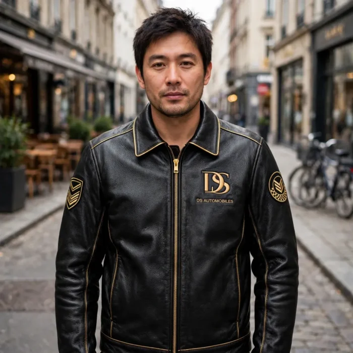 DS Automobiles Leather Jacket model view — front-facing model wearing the black with gold trim jacket with chest embroidery