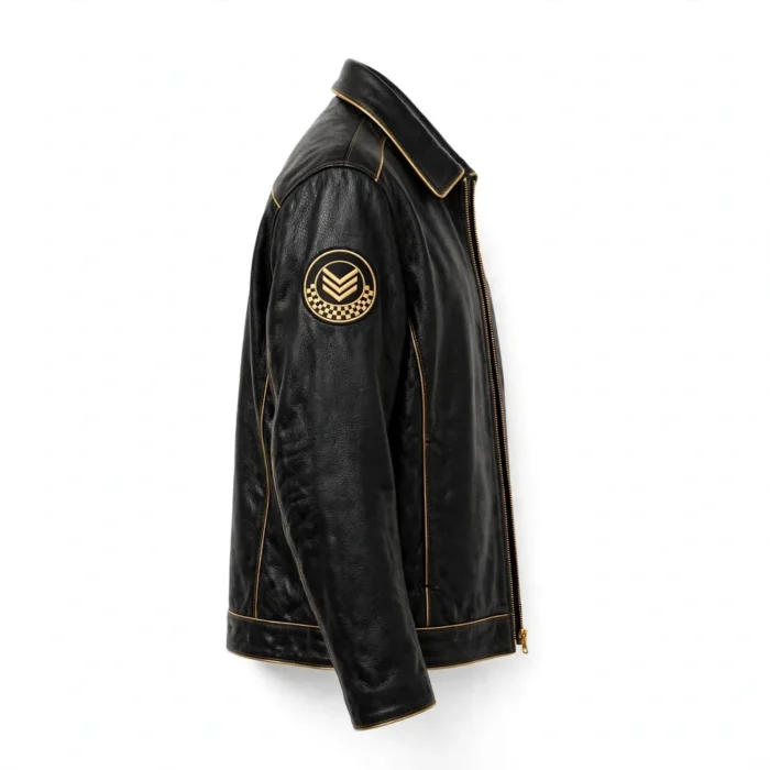 DS Automobiles Leather Jacket side view — black with gold trim jacket with sleeve embroidery