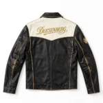 Duesenberg Leather Jacket back view, ivory-black with gold vintage script chest lettering vintage cruiser jacket