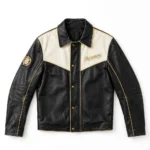 Duesenberg Leather Jacket front view, ivory-black with gold vintage script chest lettering vintage cruiser jacket