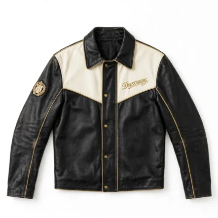 Duesenberg Leather Jacket front view, ivory-black with gold vintage script chest lettering vintage cruiser jacket