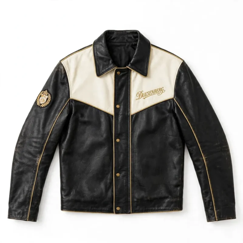 Duesenberg Leather Jacket front view, ivory-black with gold vintage script chest lettering vintage cruiser jacket