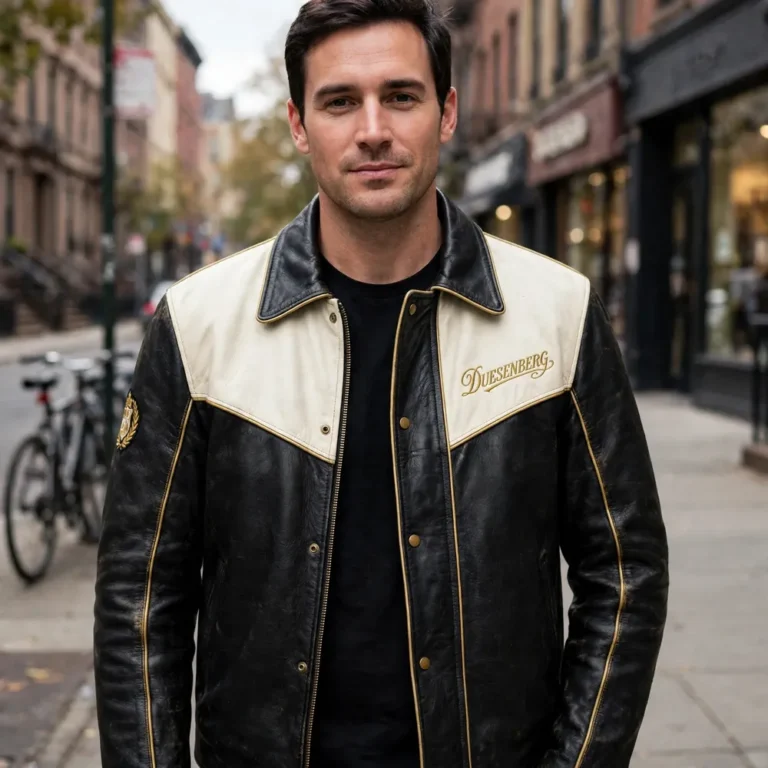 Model wearing the Duesenberg Leather Jacket, ivory-black with gold vintage script chest lettering vintage cruiser jacket