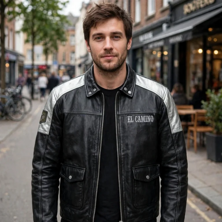 Model wearing the El Camino Leather Jacket, black with silver panels trucker jacket