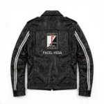 Facel Vega Leather Jacket back view — jet black jacket with back embroidery