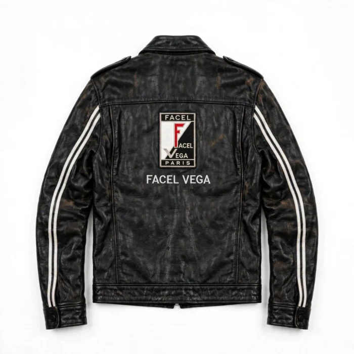 Facel Vega Leather Jacket back view — jet black jacket with back embroidery