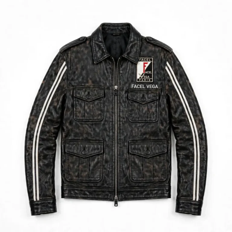 Facel Vega Leather Jacket front view — jet black jacket with chest embroidery