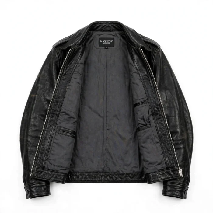 Facel Vega Leather Jacket inner view — plain lining with inside pockets and Blackstone Jackets neck label