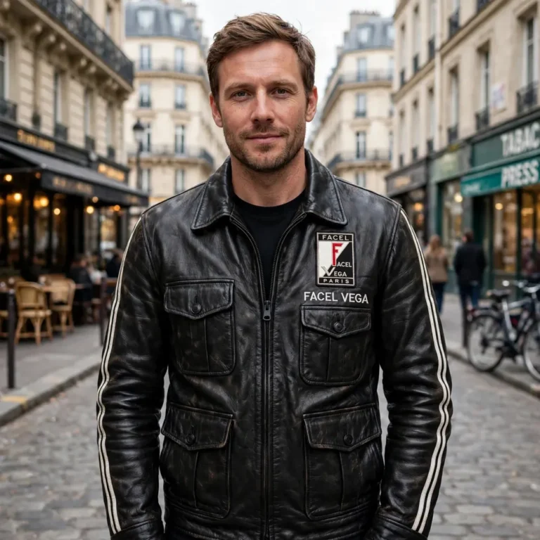 Facel Vega Leather Jacket model view — front-facing model wearing the jet black jacket with chest embroidery