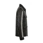 Facel Vega Leather Jacket side view — jet black jacket with sleeve embroidery