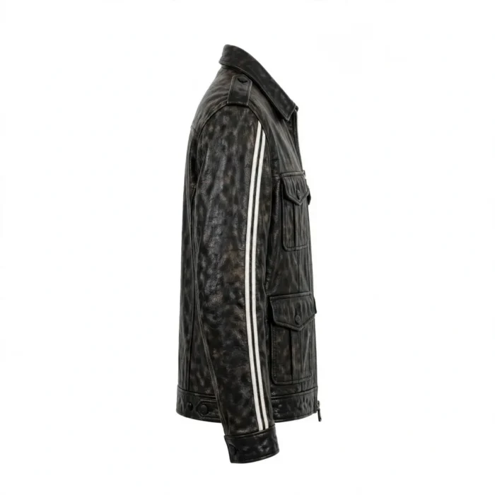 Facel Vega Leather Jacket side view — jet black jacket with sleeve embroidery